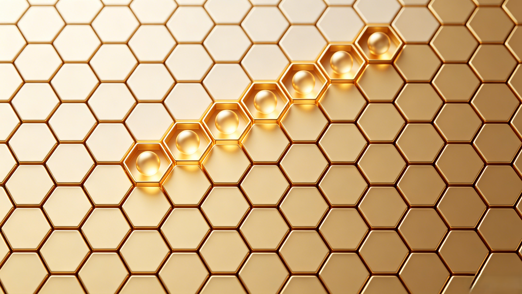 金色蜂巢矩阵部分格腔发光,体现体系化研发效率与组织协同