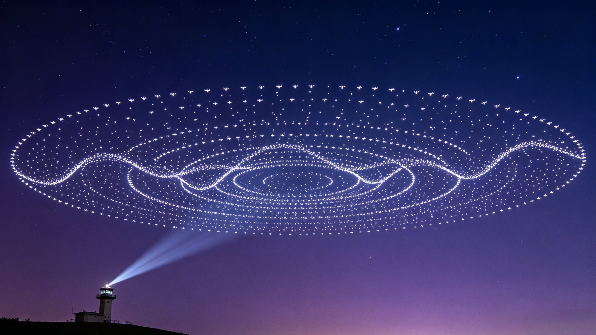 夜空无人机编队组成波形矩阵,象征HIL测试集群中央调度