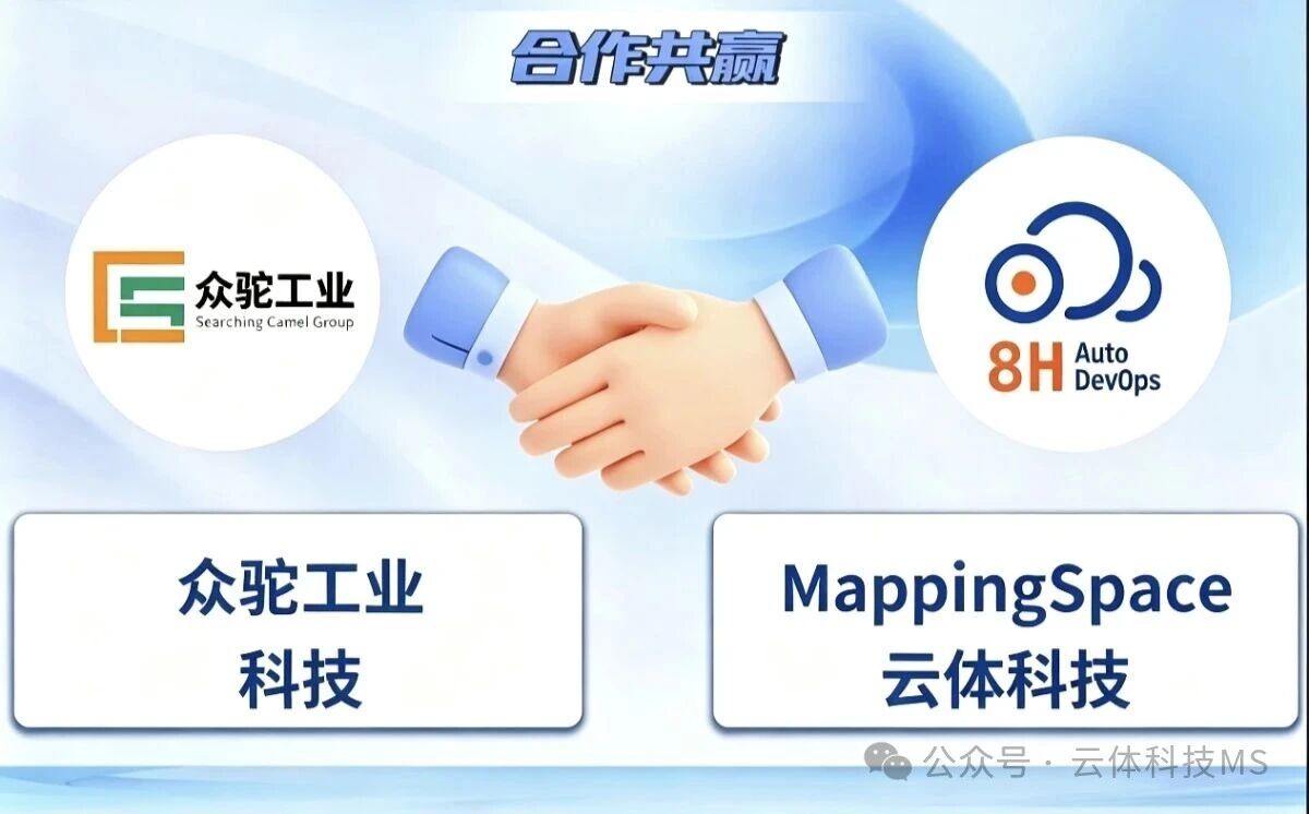 众驼工业科技与云体科技MappingSpace战略合作签约,握手图标象征合作共赢,覆盖半导体、光伏、新能源电池等领域